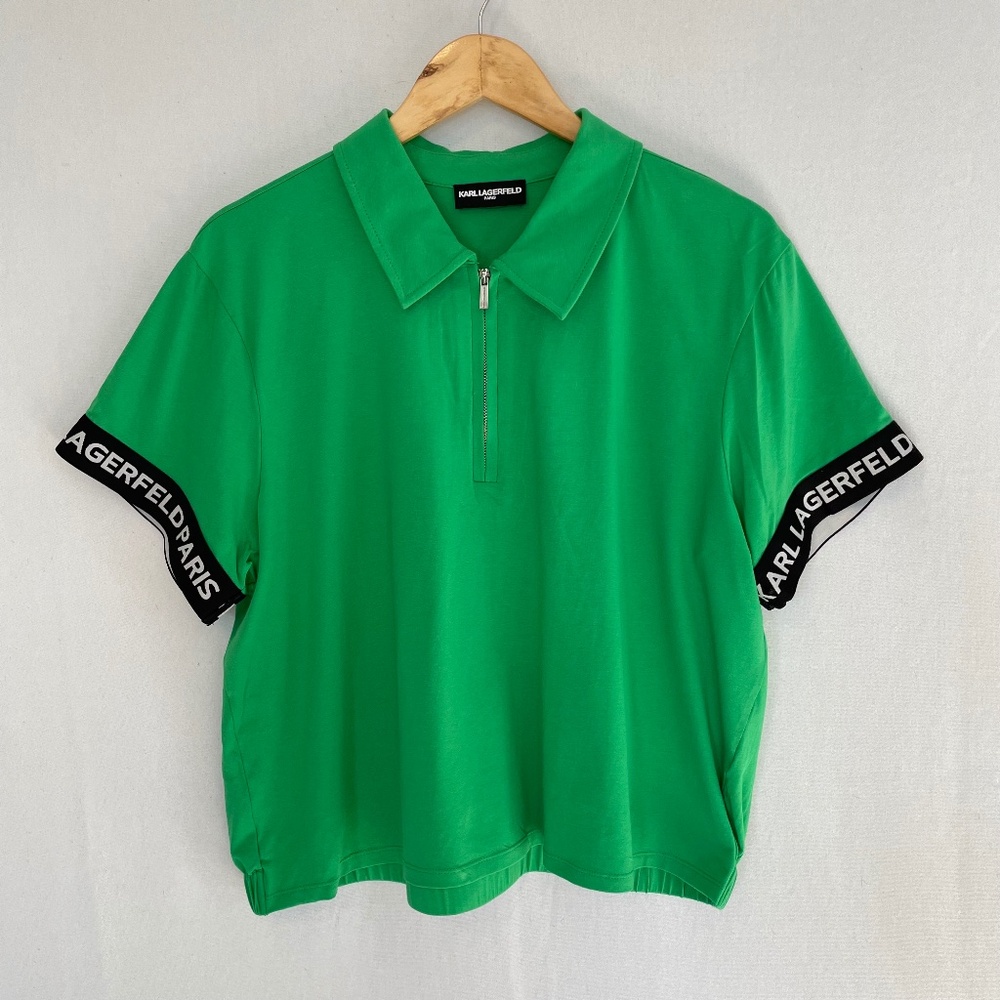 KARL LAGERFELD Paris Women’s Size XL Green Logo Tape Short Sleeve Polo Top